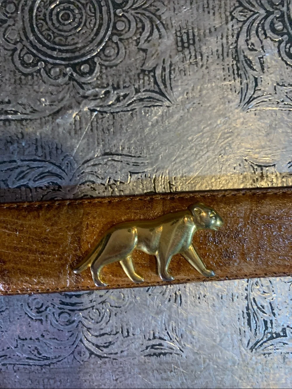 Vintage Leather Belt with Gold Animals